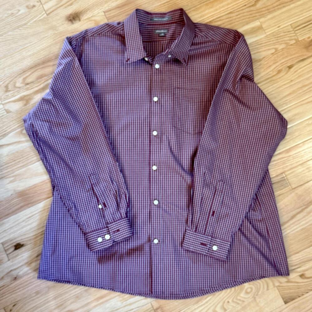 Van Heusen 2XL Men's Long Sleeve Button-Up Shirt - Red Checkered, 100% Cotton‎